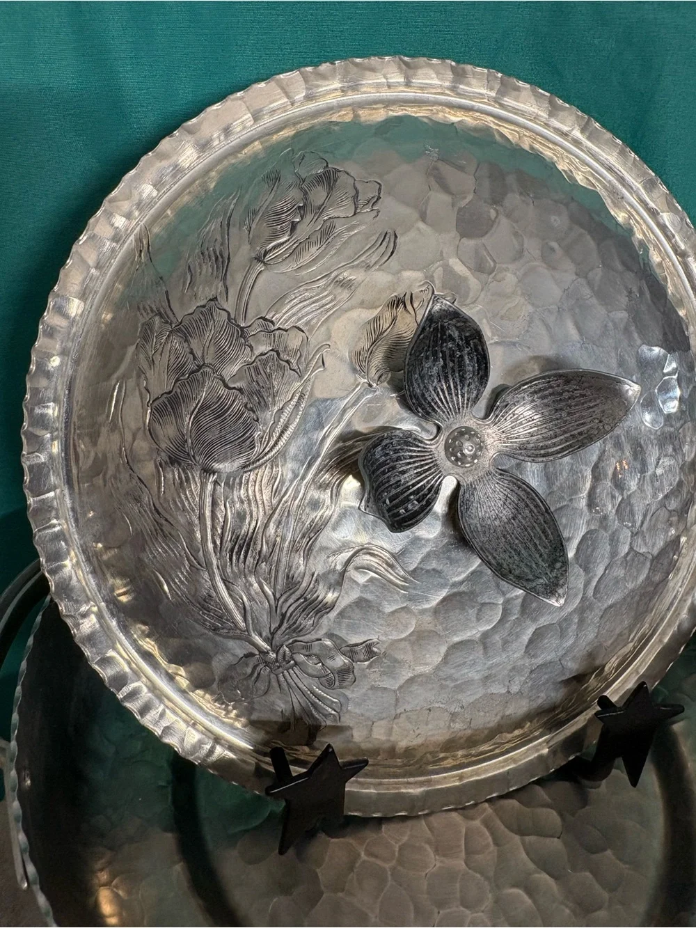 Hand-Hammered Silver Metal Serving Bowl and Decorative Tray - Silver